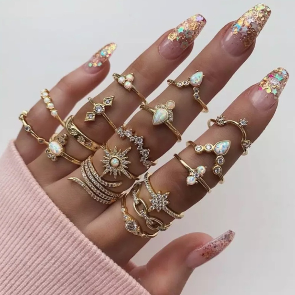 17 Pcs Boho Gypsy Gold, Crystal & Opal Ring Set